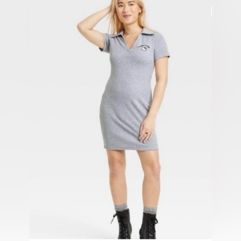HELLO KITTY by Sanrio Polo Johnny Collar Stretch Rib Knit Grey Short SL Dress XL